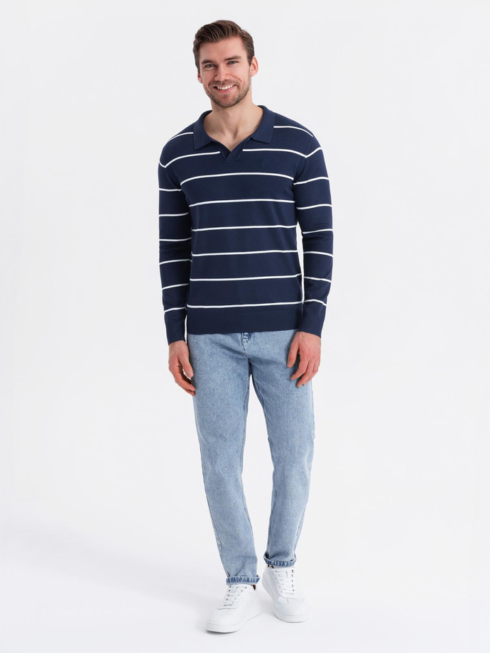 Męski longsleeve polo w poziome paski z wiskozą – granatowo-biały V1 OM-POLS-0146