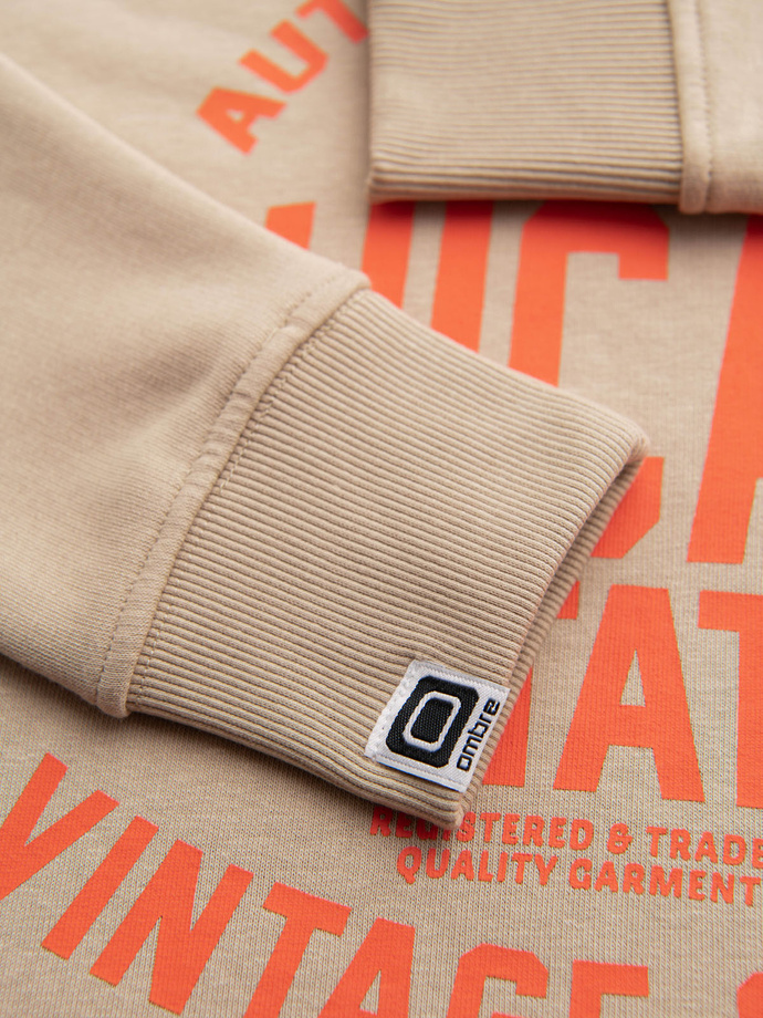 Bluza męska nierozpinana z nadrukiem collegowym - piaskowa V1 OM-SSPS-0154