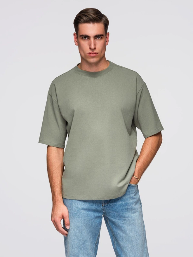 Męski t-shirt bawełniany LOOSE FIT z okrągłym dekoltem – khaki V8 OM-TSBC-0234