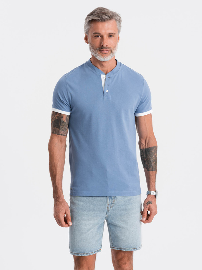 T-shirt męski polo bez kołnierzyka - niebieski V3 S1381