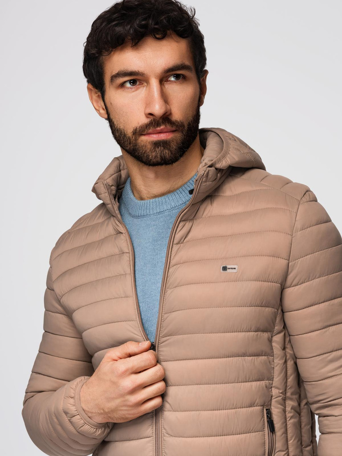 Męska kurtka pikowana pakowana w worek - brązowa V4 OM-JALP-0156