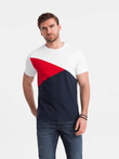 Trójkolorowy t-shirt męski bawełniany - biało-granatowy V3 OM-TSCT-0174