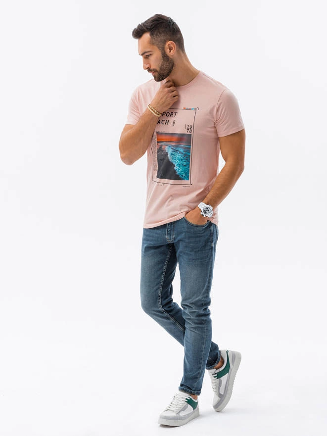 T-shirt męski z nadrukiem - różowy V15B S1434
