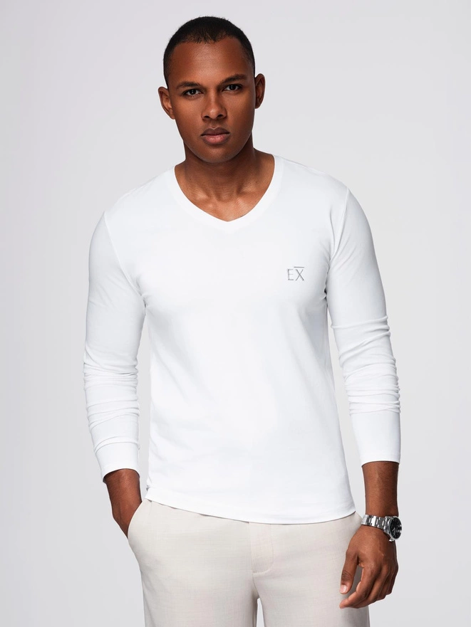 Męski longsleeve V-neck SLIM FIT z elastanem i printem – biały V2 OM-LSBC-0123