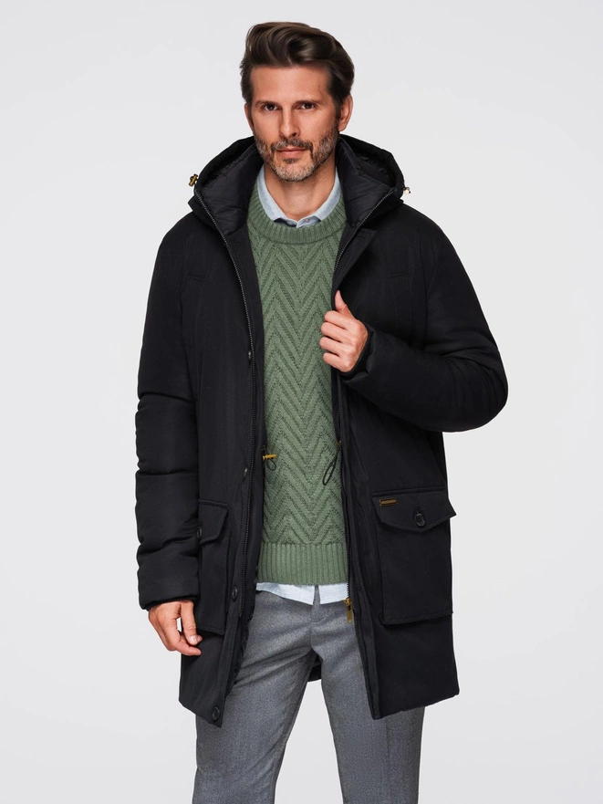 Elegancka parka męska z kieszeniami cargo i kapturem – czarna V1 OM-JAPJ-0287