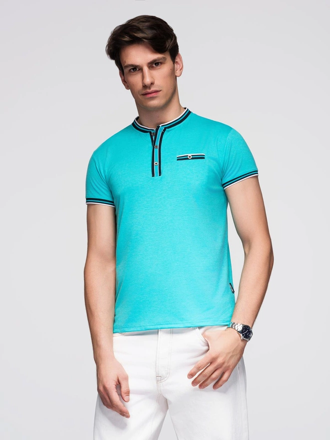 T-shirt męski henley ozdobnymi ściągaczami - turkusowy V7 OM-TSCT-0175