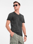 Męski bawełniany t-shirt V-neck z dzianiny z efektem sprania - czarny V6 OM-TSWT-0242