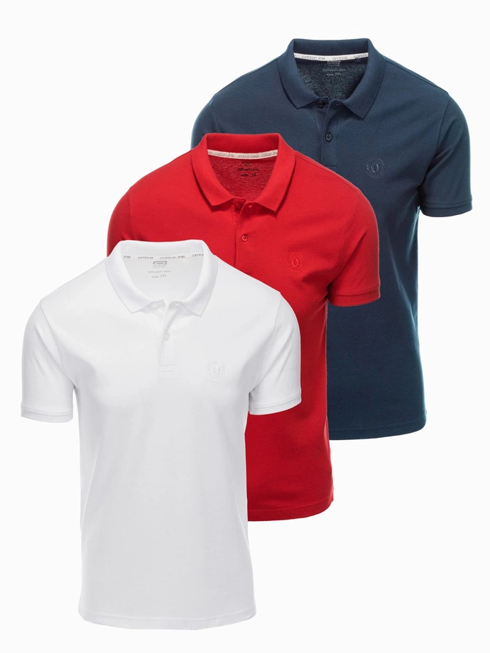 Komplet męskich t-shirtów bawełnianych polo BASIC – granatowy/biały/czerwony V3 OM-POBS-0133