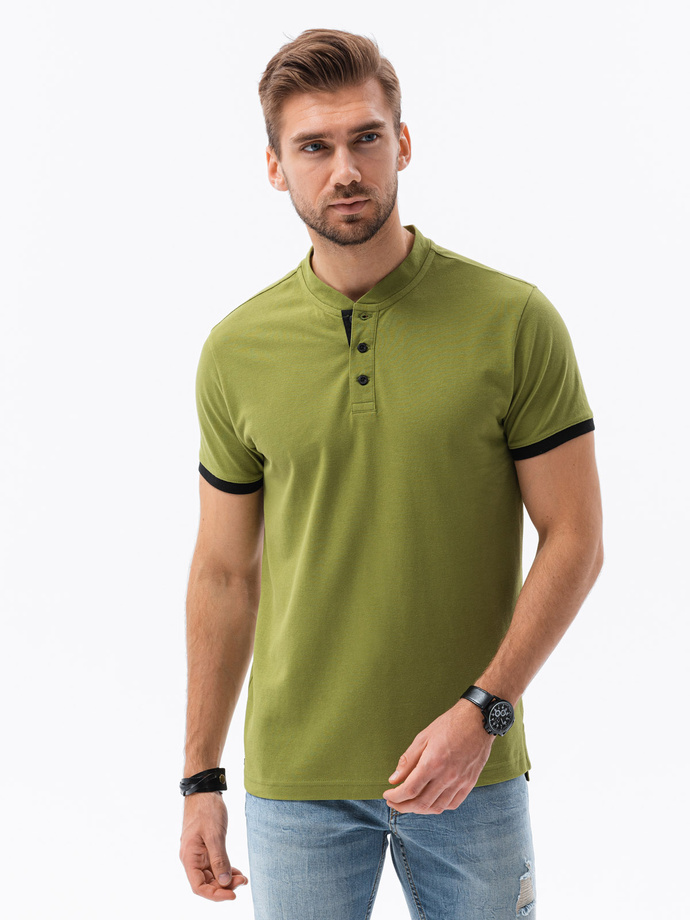 T-shirt męski polo bez kołnierzyka - oliwkowy V6 S1381