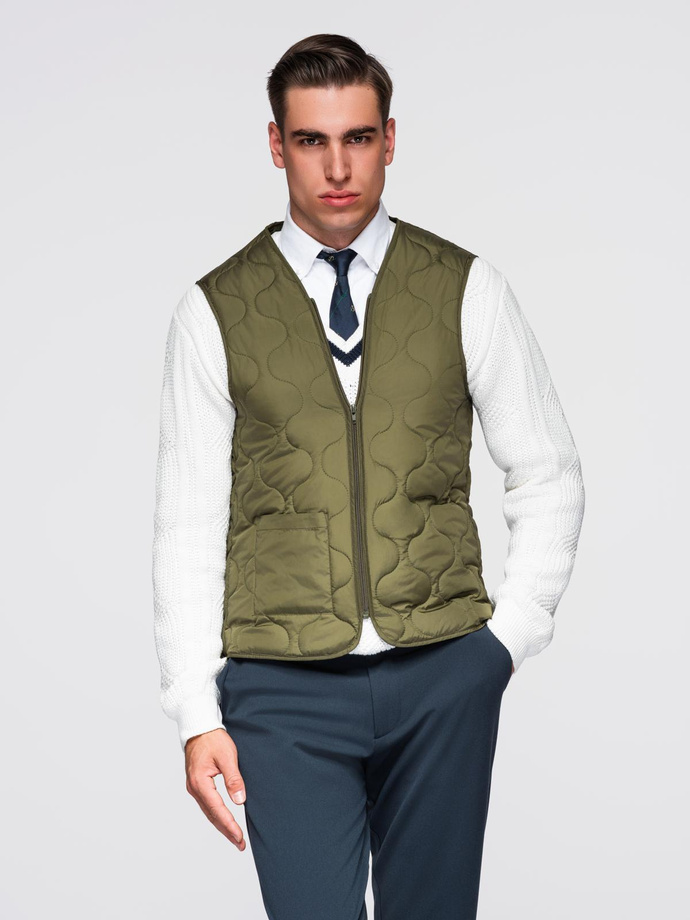 Długi męski jednorzędowy płaszcz z kołnierzykiem i podpinką – granatowy V3 OM-COWC-0135