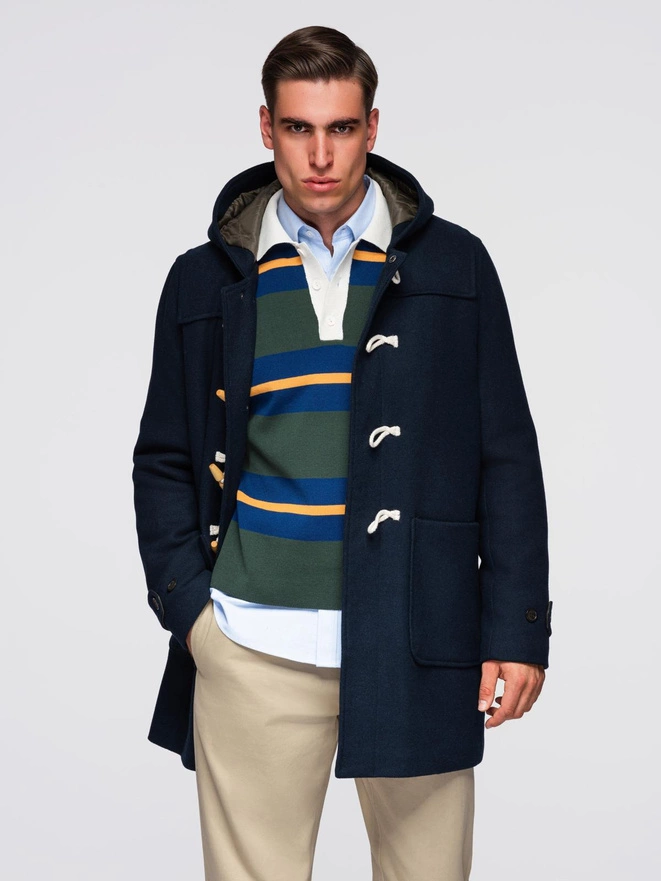 Męski płaszcz z wełną i kapturem duffle coat – granatowy V2 OM-COWC-0131