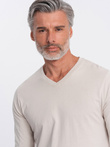 Longsleeve męski bez nadruku z dekoltem w serek - jasnobeżowy V1 OM-LSBL-0108