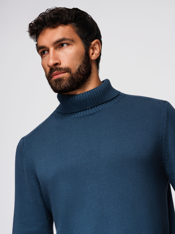 Męski golf sweter z dzianiny – ciemnoniebieski V2 OM-SWTN-0163