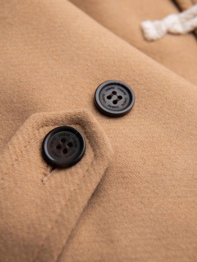 Płaszcz męski z wełną i kapturem duffle coat – jasnobrązowy V1 OM-COWC-0131