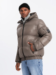 Ciepła męska kurtka puffer ze ściągaczami – ciemnobeżowa V3 OM-JAHP-0207