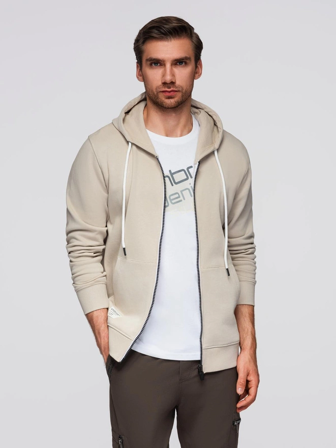 Bluza męska dresowa BASIC rozpinana z kapturem - jasnobeżowa V1 OM-SSBZ-0178