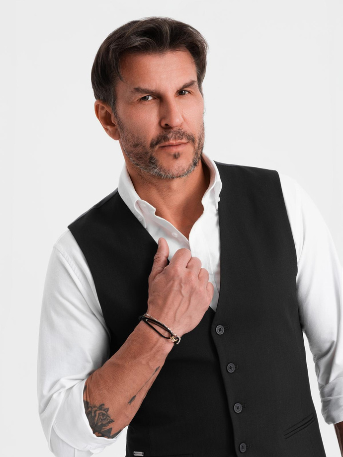 Elegancka męska kamizelka w jodełkę SLIM FIT - czarna V3 OM-BLZV-0143