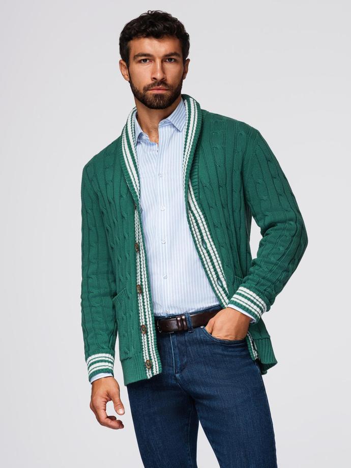 Męski sweter kardigan z szalowym kołnierzem w stylu preppy - zielony V2 OM-SWCD-0152