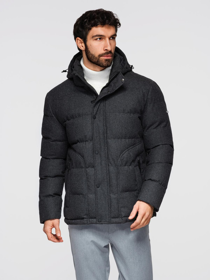 Casualowa męska kurtka puffer z wełną – czarny melanż V2 OM-JAHP-0203