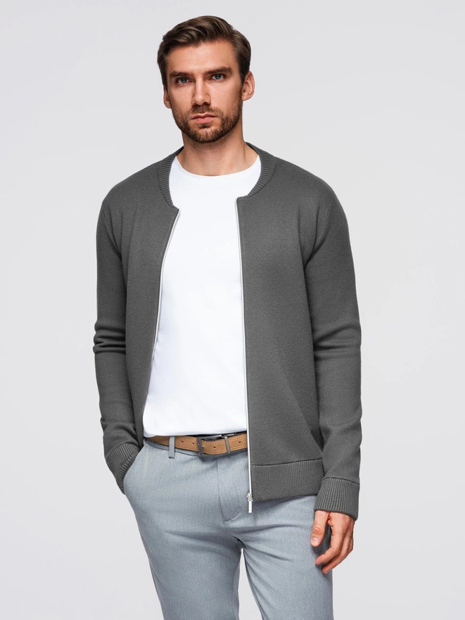 Męski sweter gładki na zamek – grafitowy V2 OM-SWZS-0146