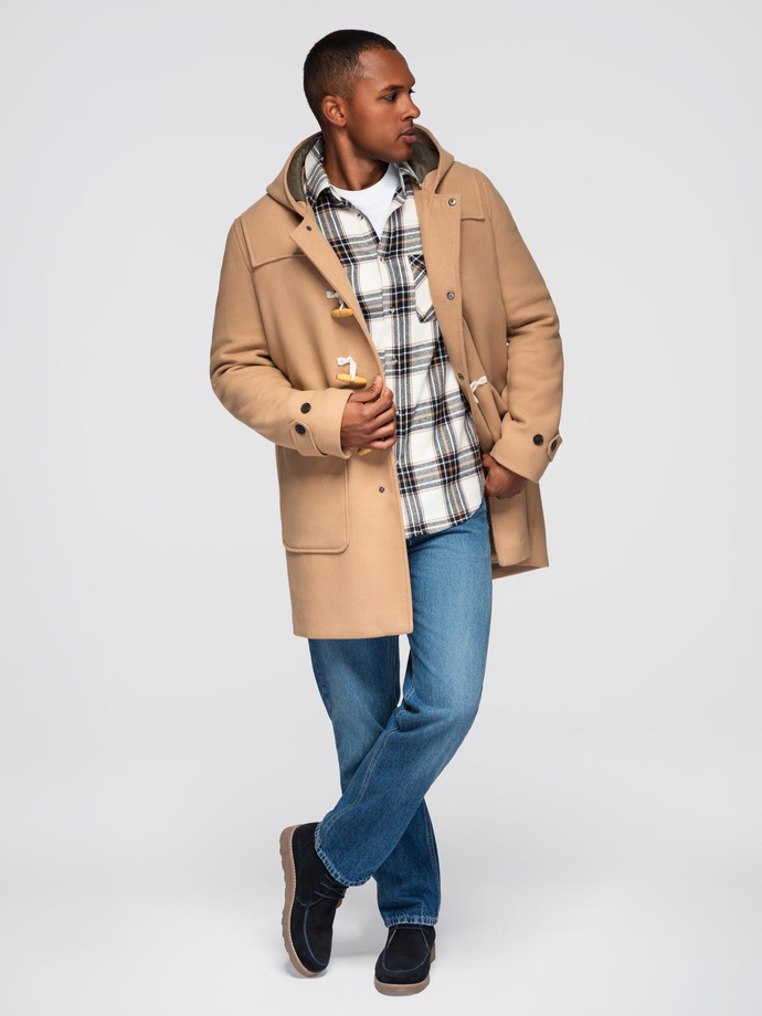 Płaszcz męski z wełną i kapturem duffle coat – jasnobrązowy V1 OM-COWC-0131