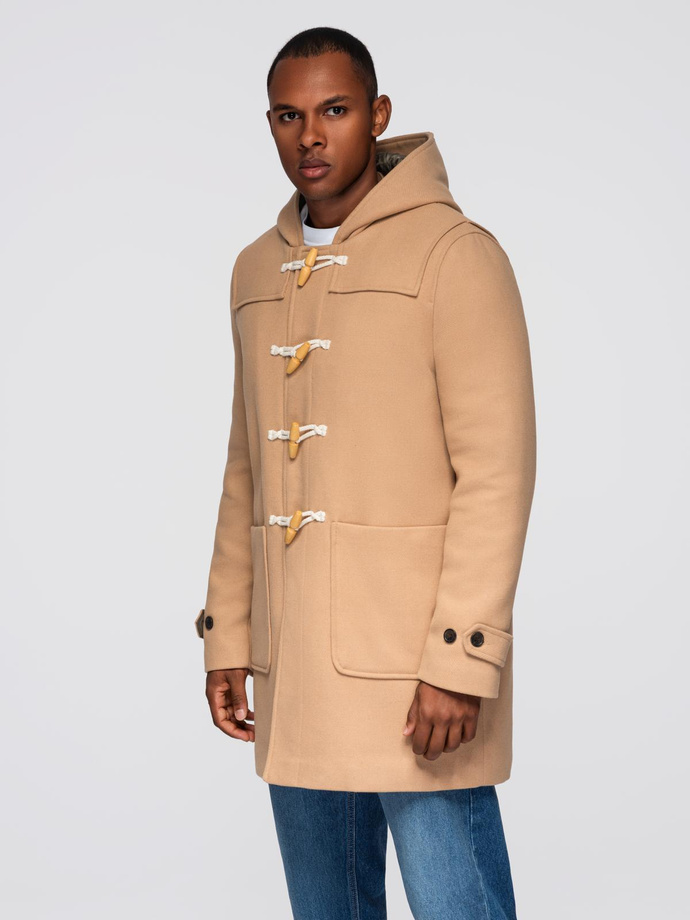 Płaszcz męski z wełną i kapturem duffle coat – jasnobrązowy V1 OM-COWC-0131