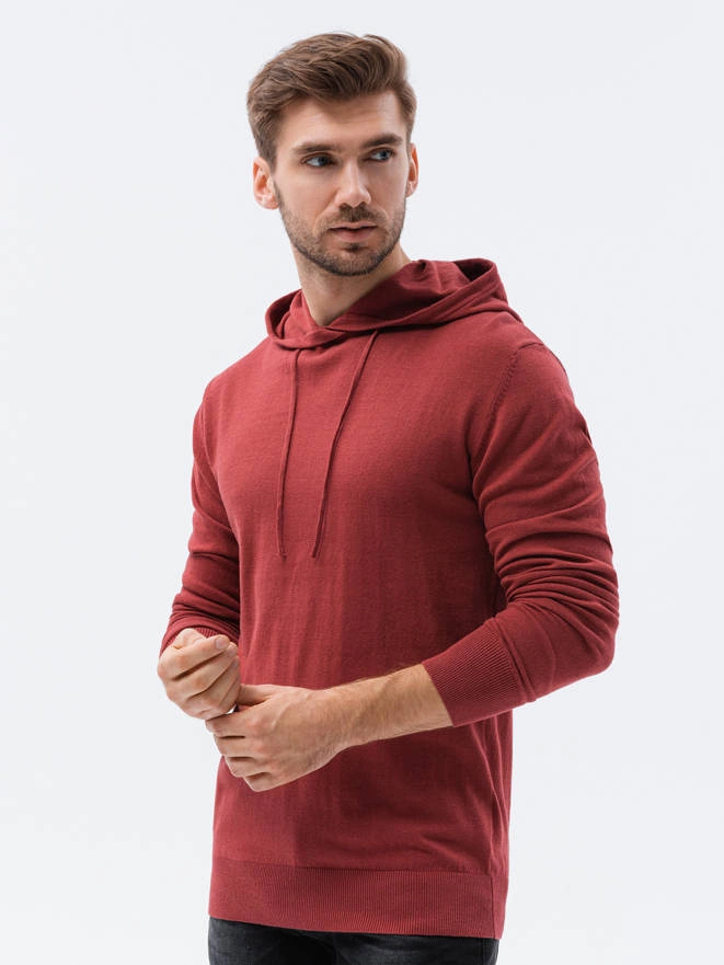 Sweter męski z kapturem - ciemnoczerwony V6 E187