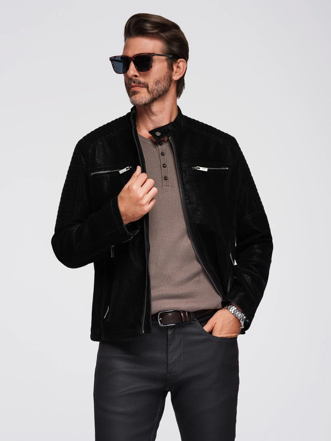 Kurtka męska biker ze stójką w stylu retro – czarna V2 OM-JAFL-0197