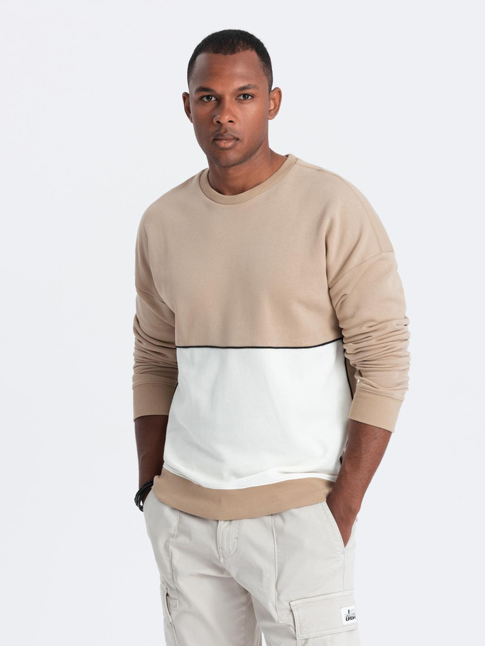 Bluza męska OVERSIZE z kontrastowym łączeniem kolorów - beżowa V2 B1673