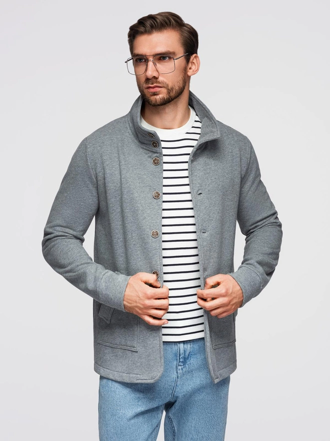 Bluza męska zapinana na guziki ze stójką – szary melanż V7 OM-SSZP-0240
