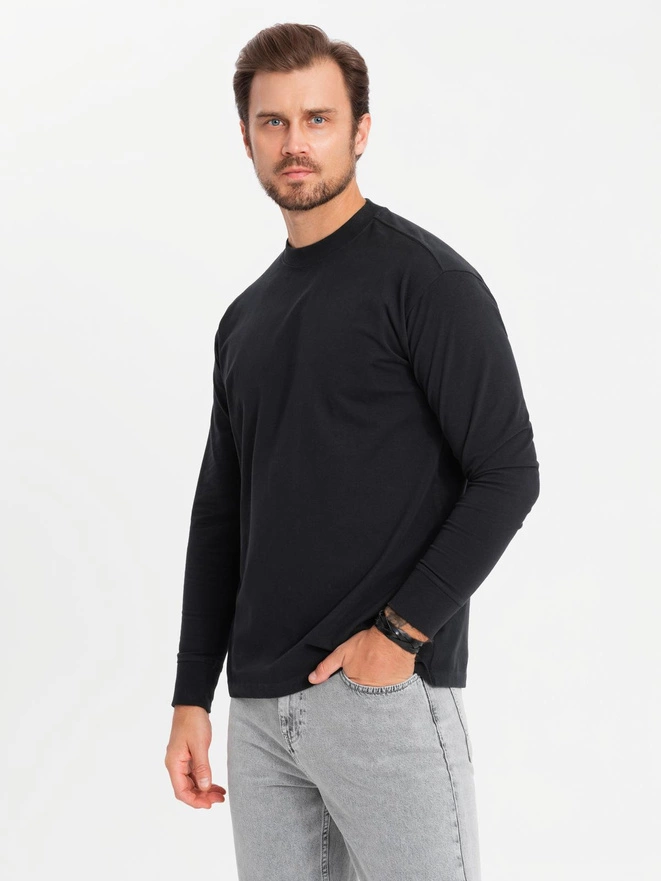 Męski longsleeve bawełniany LOOSE FIT z okrągłym dekoltem – czarny V1 OM-LSBC-0129