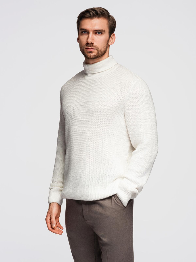 Klasyczny sweter męski z golfem z bawełny - biały V3 OM-SWTN-0162