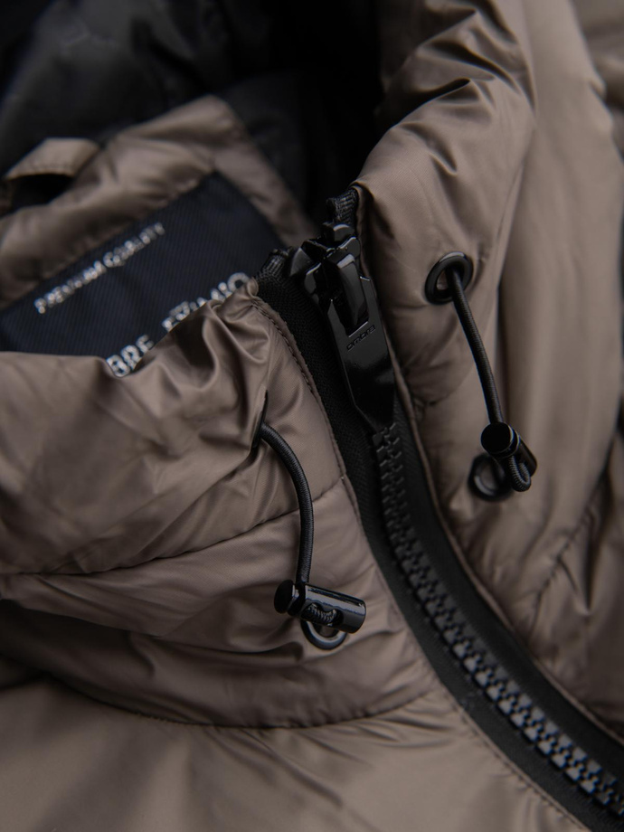 Ciepła męska kurtka puffer ze ściągaczami – ciemnobeżowa V3 OM-JAHP-0207