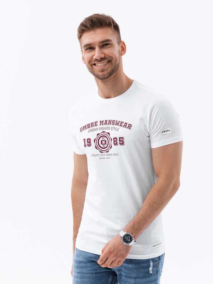 T-shirt męski z nadrukiem w stylu college – biały V1 OM-TSPT-0137