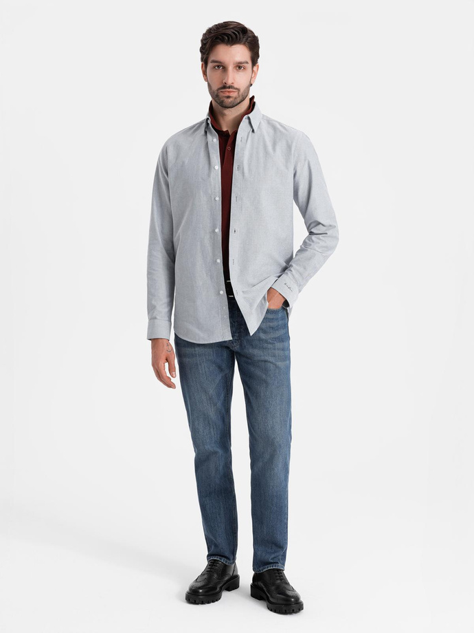 Elegancka koszula męska oxford z haftem – jasnoszara V2 OM-SHOS-0172