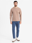 Longsleeve bawełniany męski z dekoltem U w paski i haftem – brązowy V6 OM-LSCL-0128