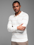 Męski longsleeve polo w poziome paski z wiskozą – biało-beżowy V4 OM-POLS-0146