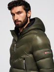 Pikowana nowoczesna kurtka męska z łączonych materiałów – ciemnooliwkowa V3 OM-JAHP-0145