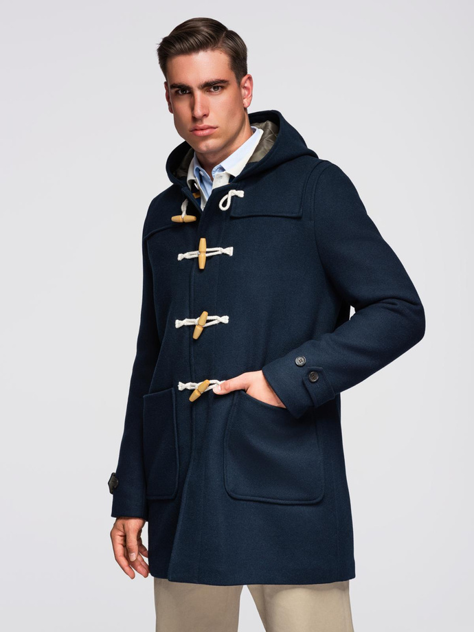 Męski płaszcz z wełną i kapturem duffle coat – granatowy V2 OM-COWC-0131