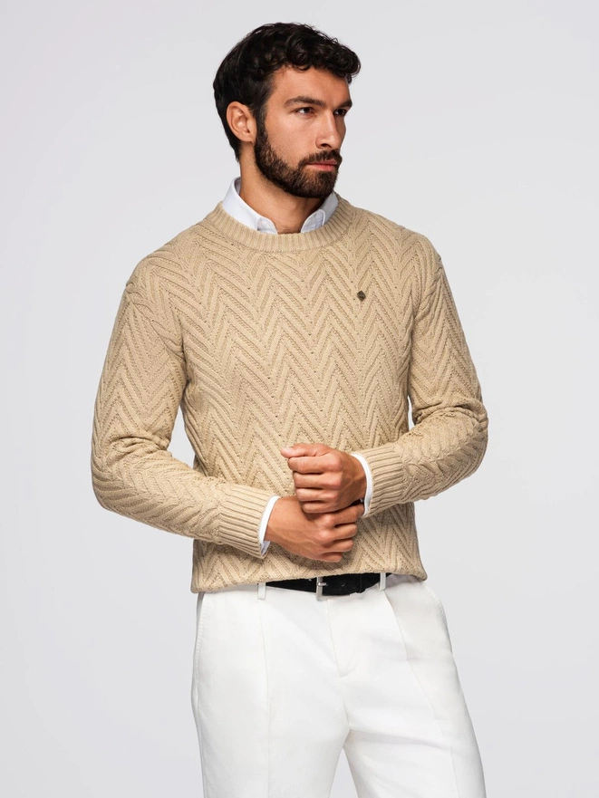 Sweter męski z dzianiny o zygzakowym splocie – piaskowy V1 OM-SWSW-0147