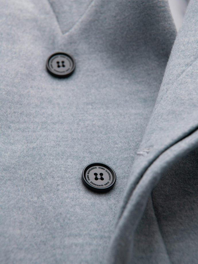 Płaszcz męski z wysokim kołnierzem i asymetrycznym zapięciem – szary melanż V1 OM-COWC-0141