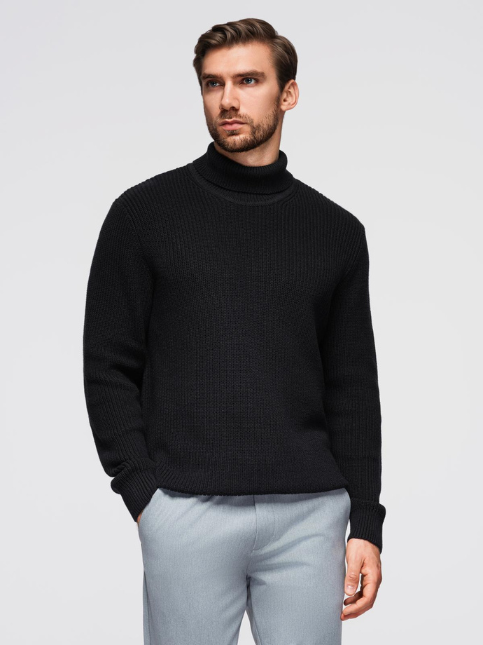 Sweter klasyczny męski z golfem z bawełny - czarny V4 OM-SWTN-0162