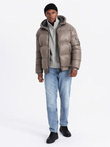Ciepła męska kurtka puffer ze ściągaczami – ciemnobeżowa V3 OM-JAHP-0207