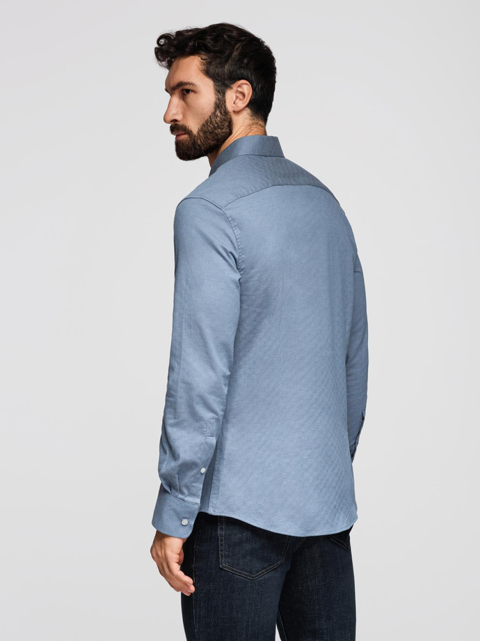Męska koszula SLIM FIT z ozdobnej tkaniny z kieszonką – niebieska V1 OM-SHCS-0174