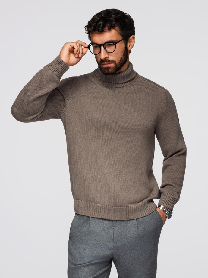 Golf męski sweter z dzianiny – szarobrązowy V1 OM-SWTN-0163