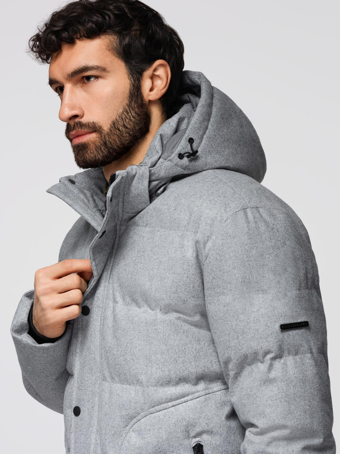 Męska casualowa kurtka puffer z wełną – jasnoszary melanż V3 OM-JAHP-0203