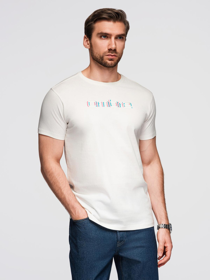 T-shirt męski z haftem na klatce piersiowej – biały V2 OM-TSPT-0248