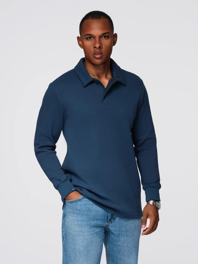 Bluza męska z kołnierzykiem polo ze strukturalnej dzianiny - ciemnoniebieska V5 OM-SSNZ-0149
