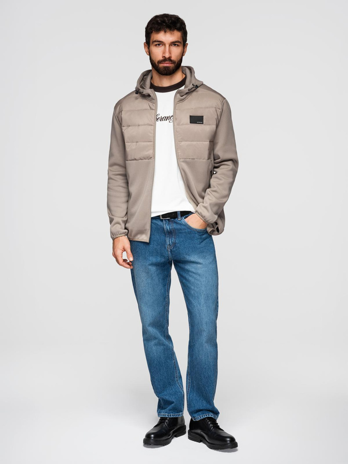 Męska lekka kurtka z łączonych materiałów z kapturem i ozdobnym pikowaniem – popielata V3 OM-JANP-0160 