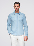Koszula męska jeansowa na zatrzaski z kieszonkami - jasnoniebieska V1 OM-SHDS-0210